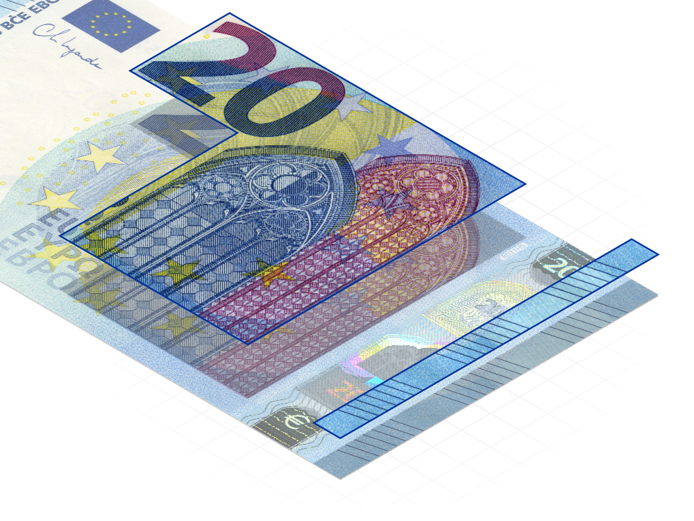 20 euro banknotes daļa, kas skaidri parāda reljefā iespiedumā veidotos elementus – nominālvērtības skaitli, galveno attēlu, kurā redzami dažādi arhitektūras stili, un sataustāmās zīmes.